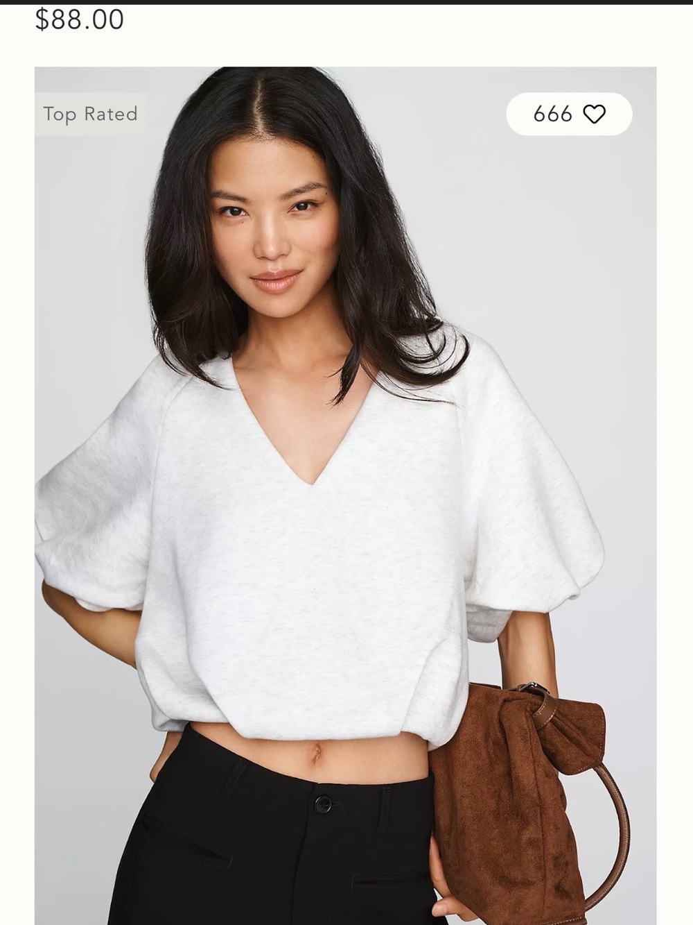 Maeve Light Grey V-Neck Puff Sleeve Crop Top